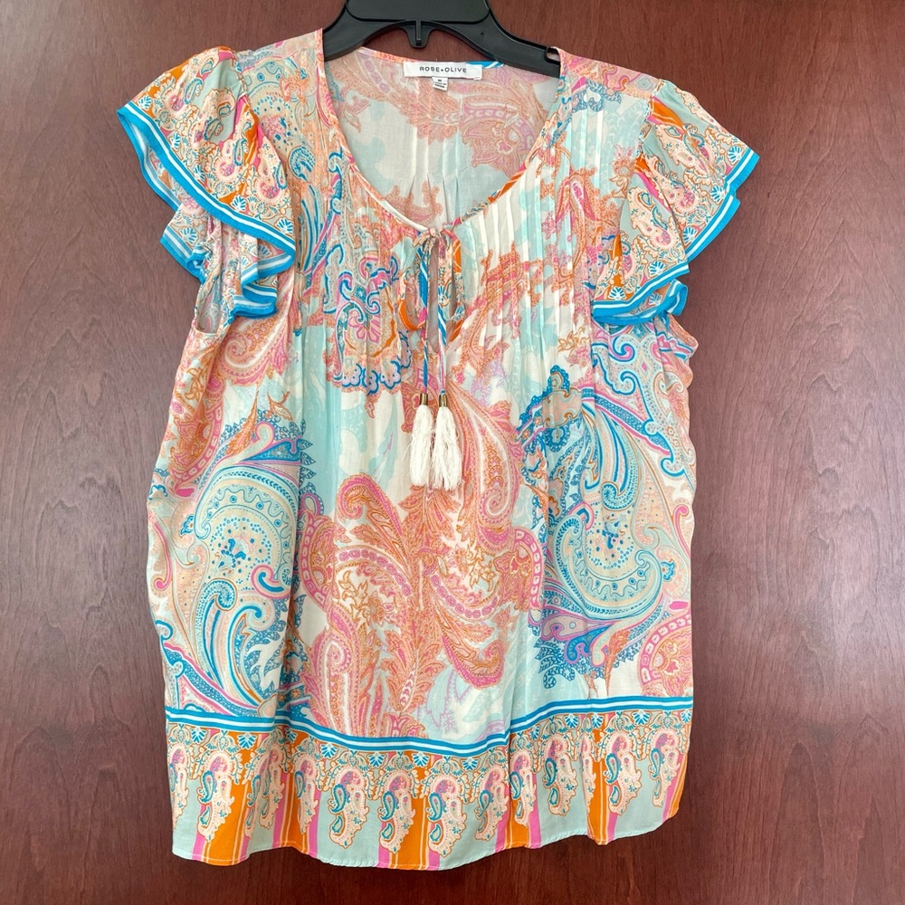 Rose + Olive Paisley Ruffle Sleeve Blouse With Tassel Tie Size Medium